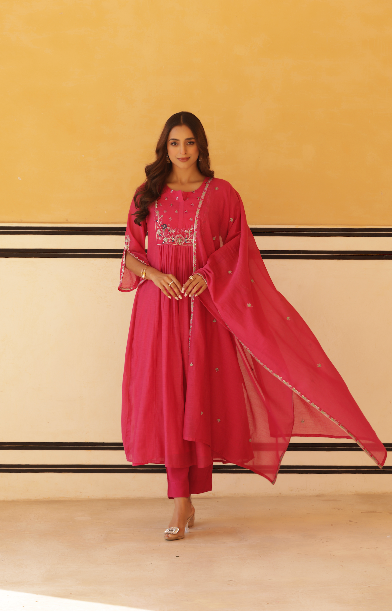 Vibrant Pink Pure Mul Chanderi Flared Kurta.