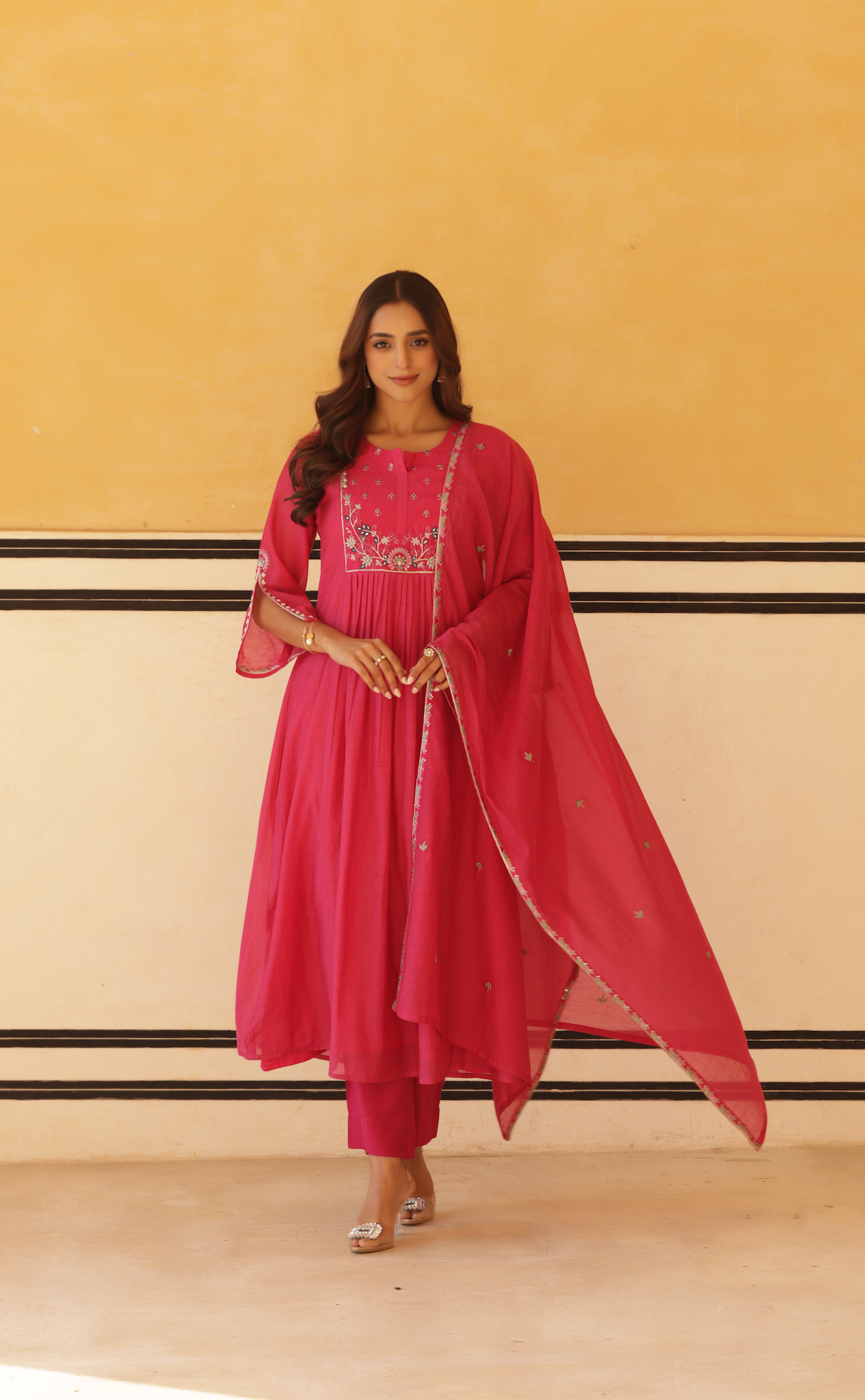 Vibrant Pink Pure Mul Chanderi Flared Kurta.