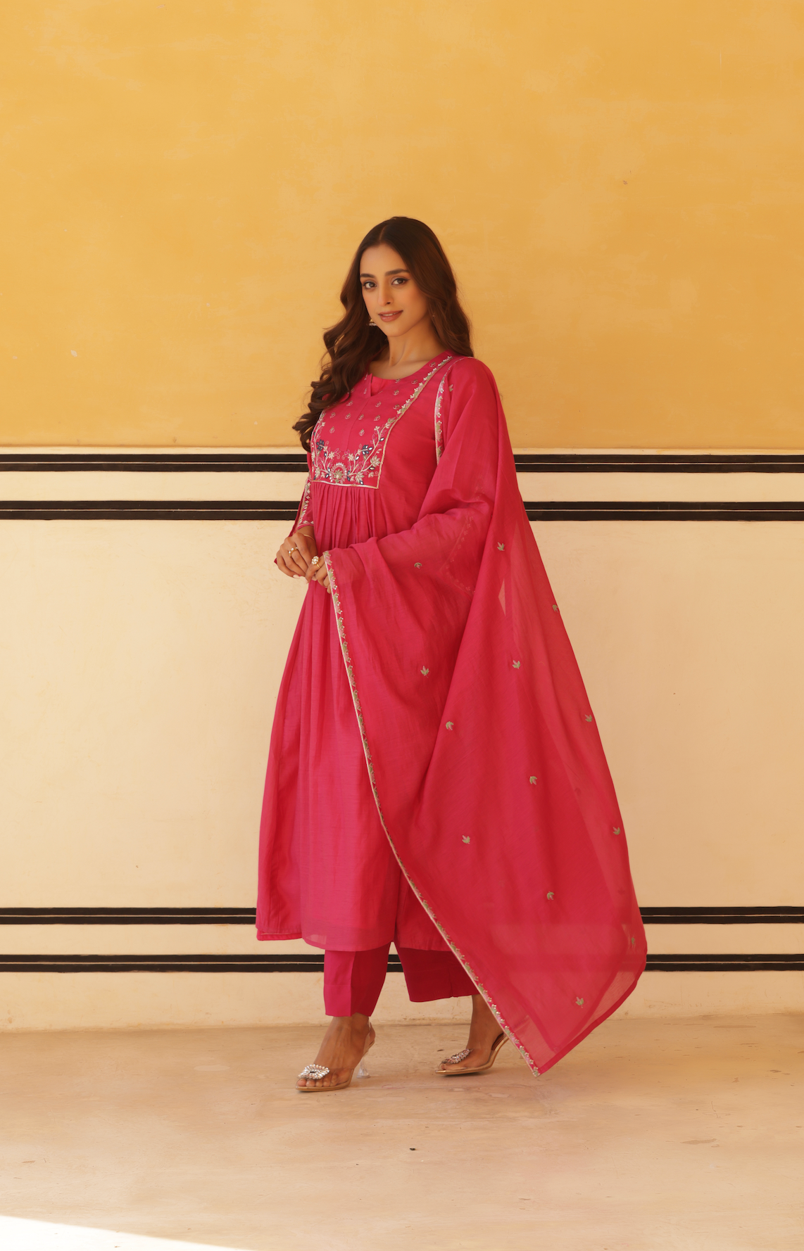 Vibrant Pink Pure Mul Chanderi Flared Kurta.