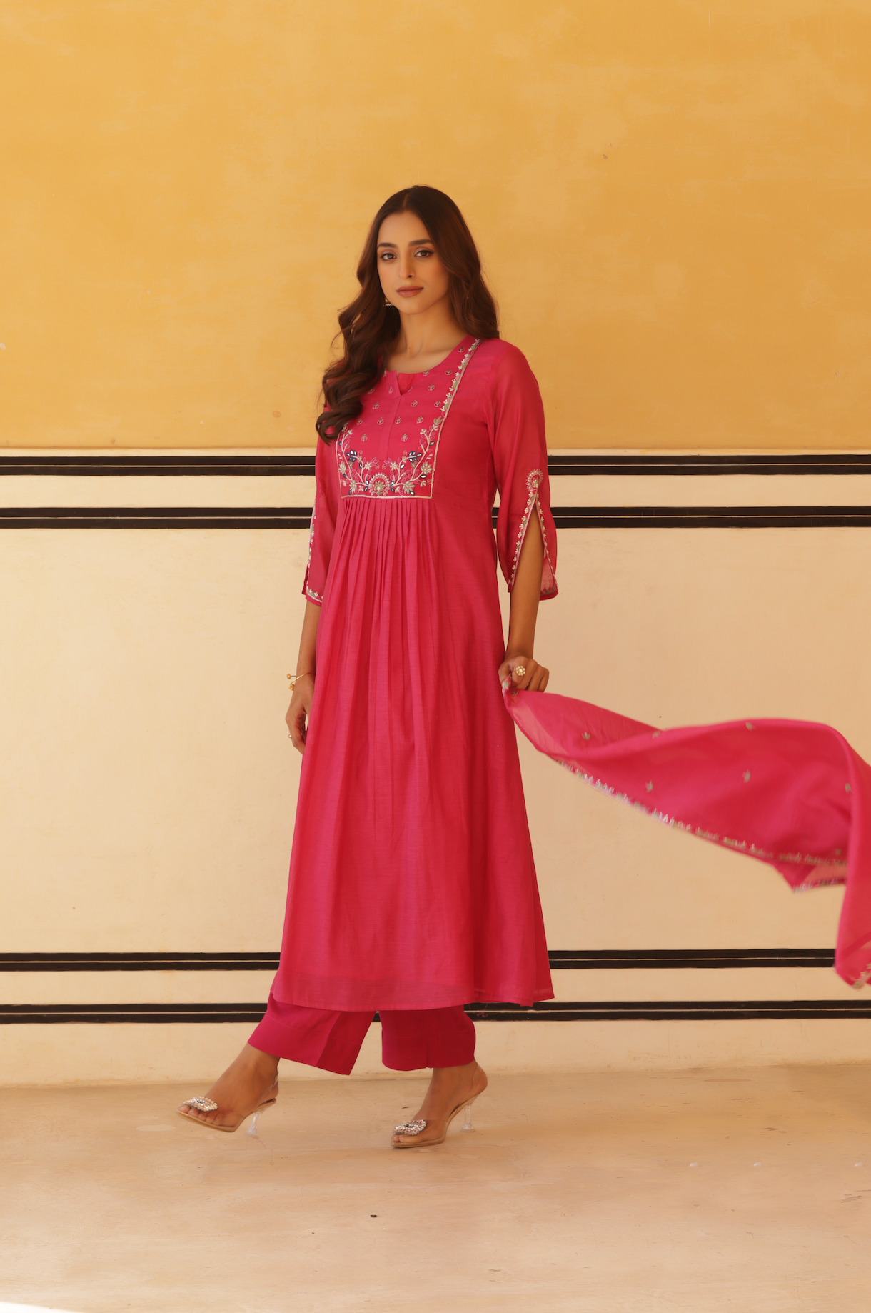 Vibrant Pink Pure Mul Chanderi Flared Kurta.