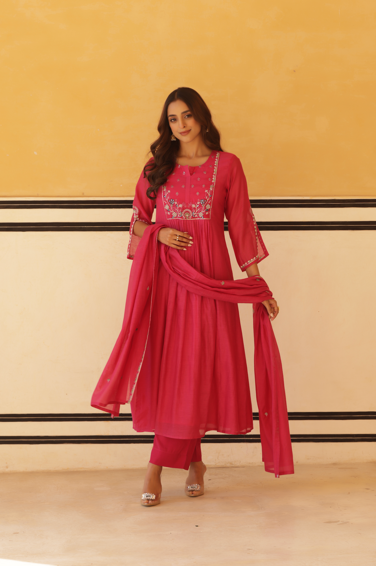 Vibrant Pink Pure Mul Chanderi Flared Kurta.