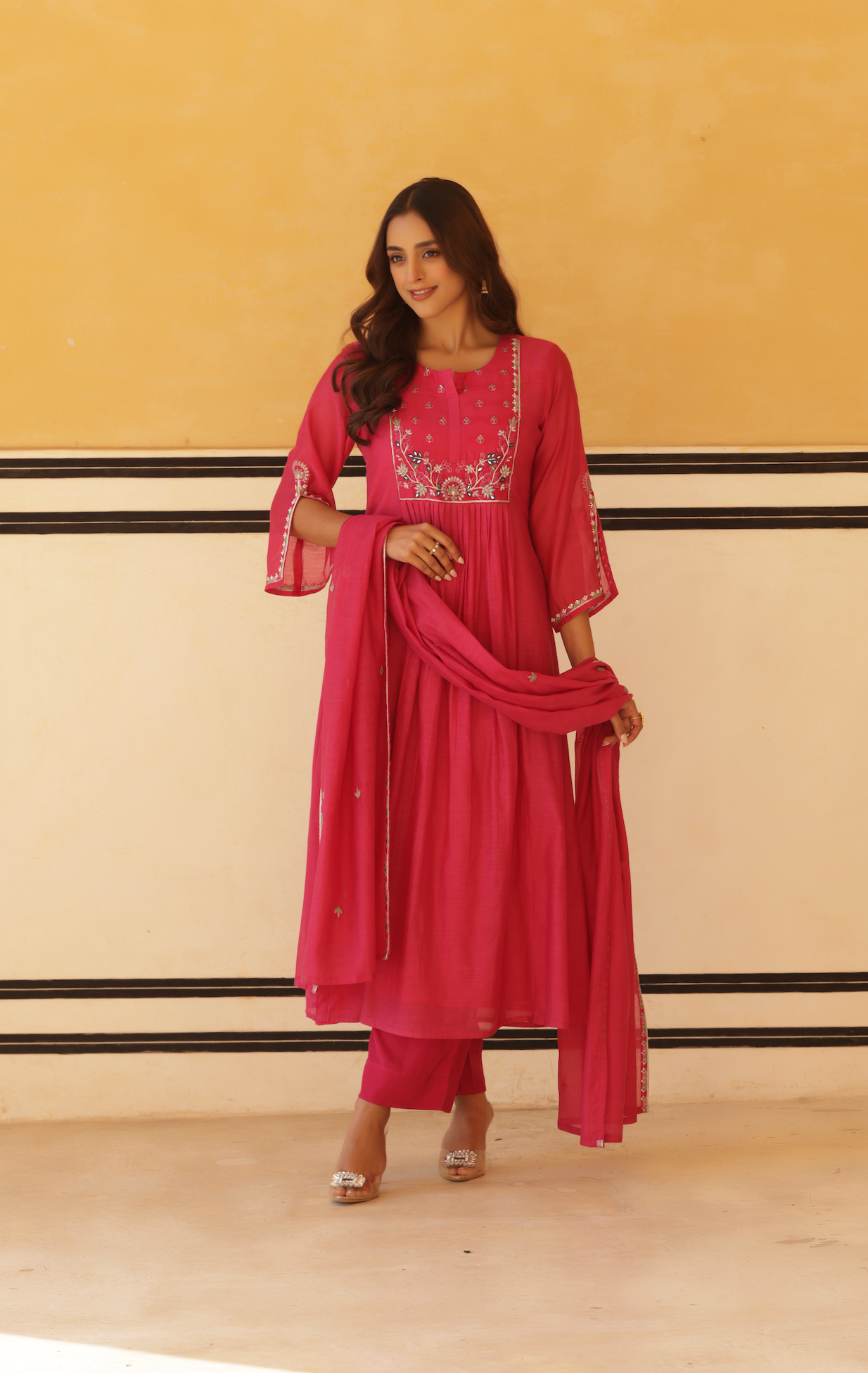 Vibrant Pink Pure Mul Chanderi Flared Kurta.