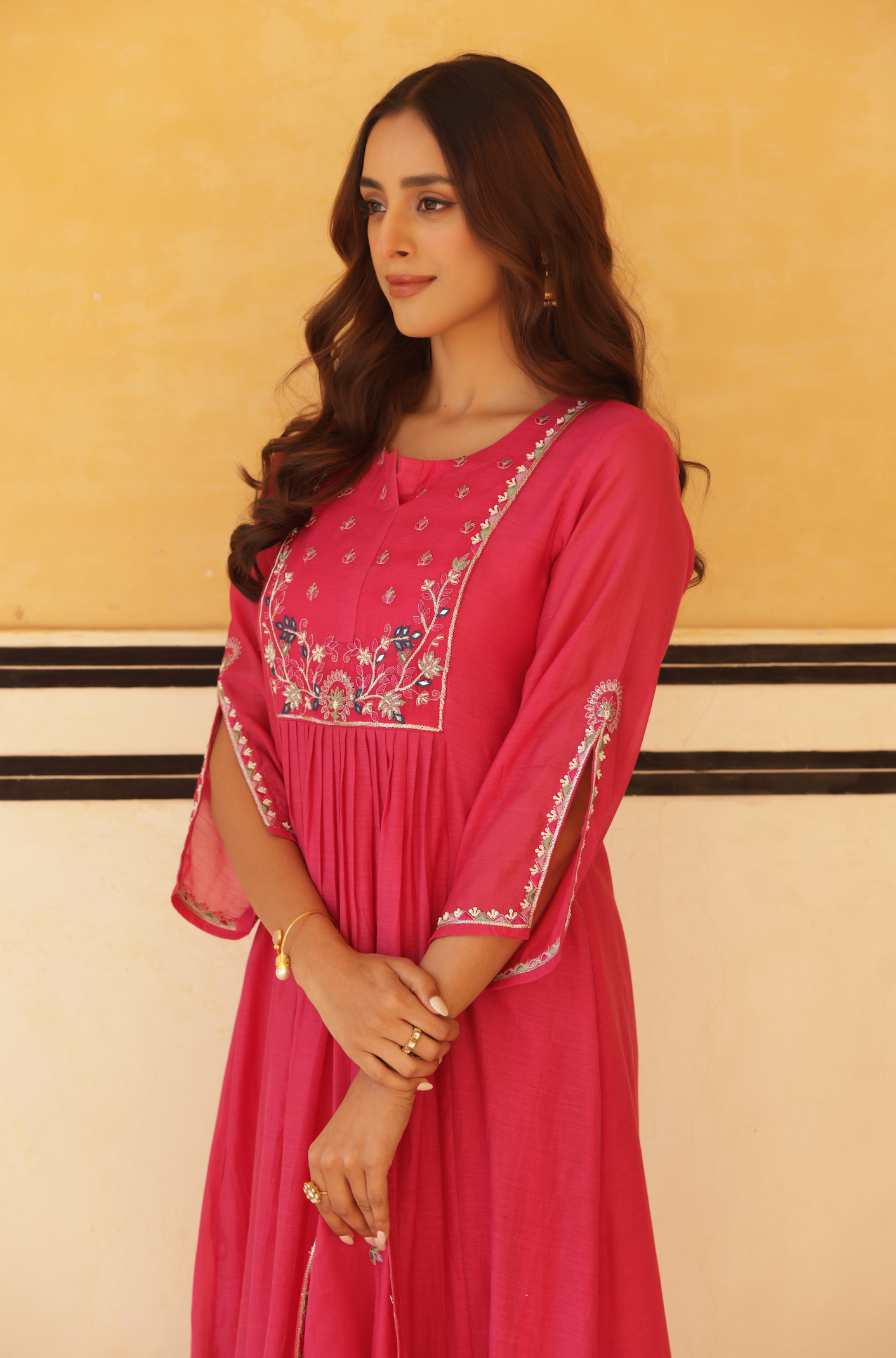 Vibrant Pink Pure Mul Chanderi Flared Kurta.