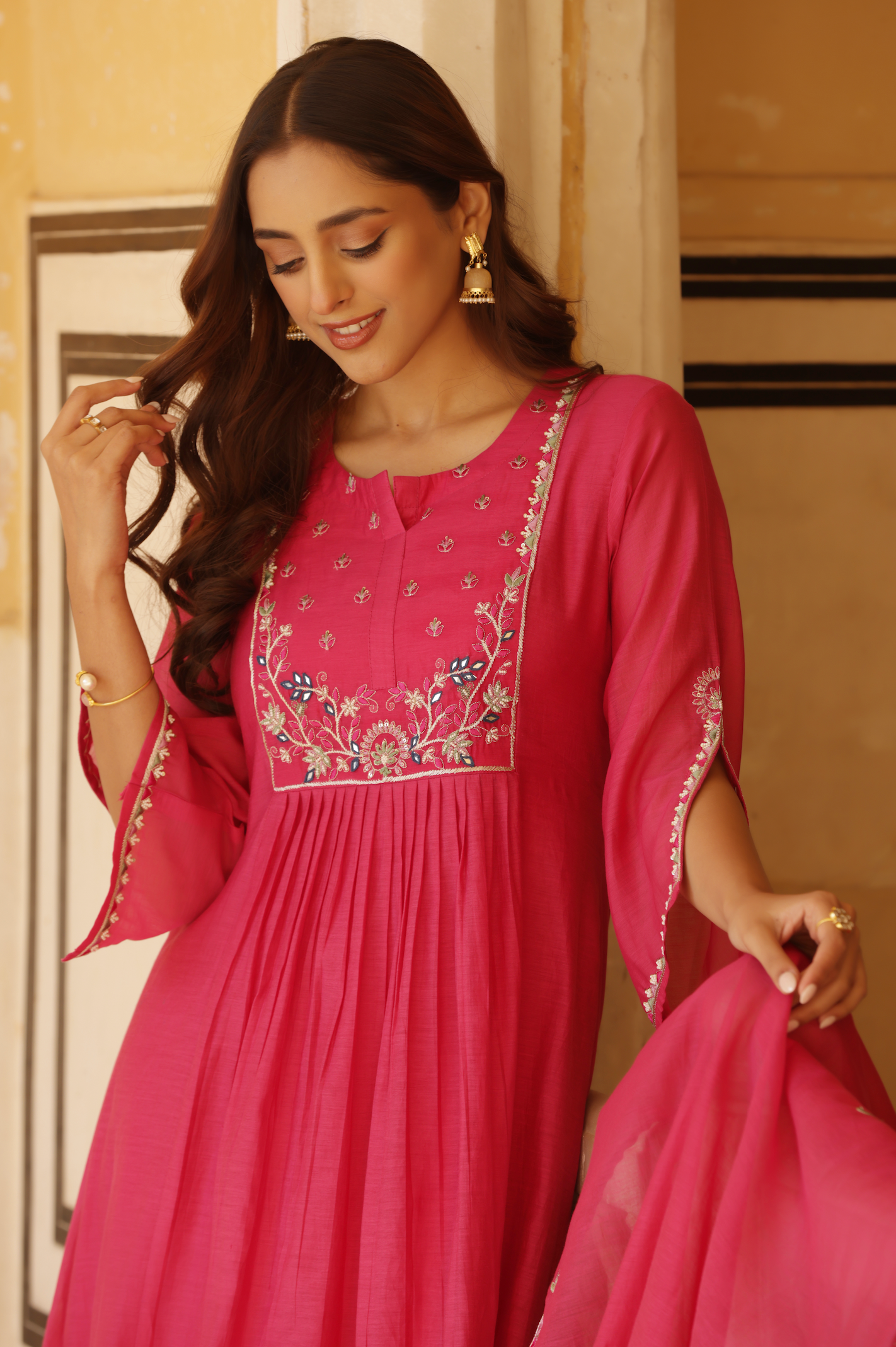 Vibrant Pink Pure Mul Chanderi Flared Kurta.