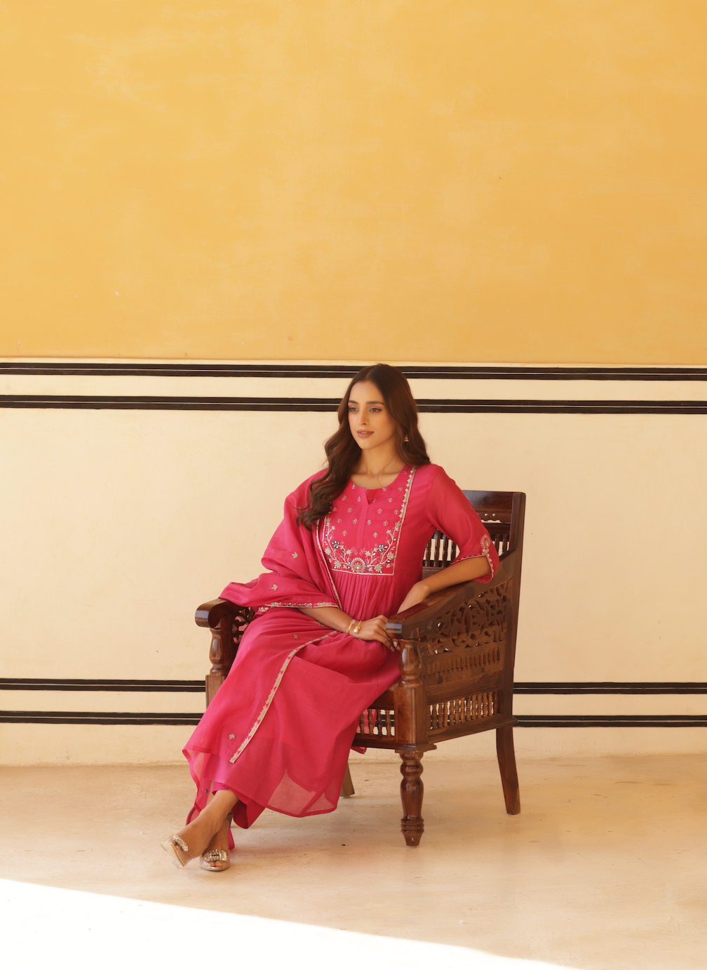 Vibrant Pink Pure Mul Chanderi Flared Kurta.