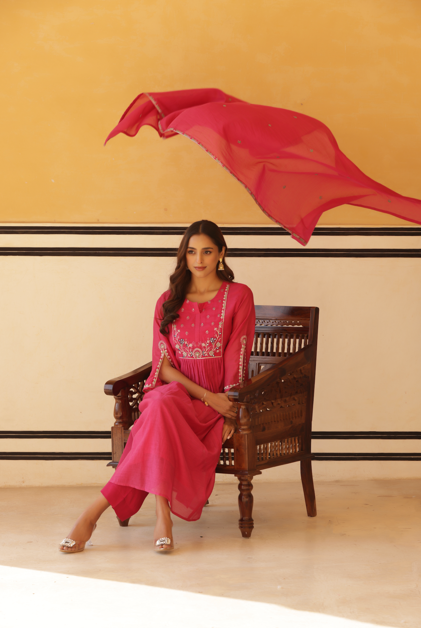 Vibrant Pink Pure Mul Chanderi Flared Kurta.