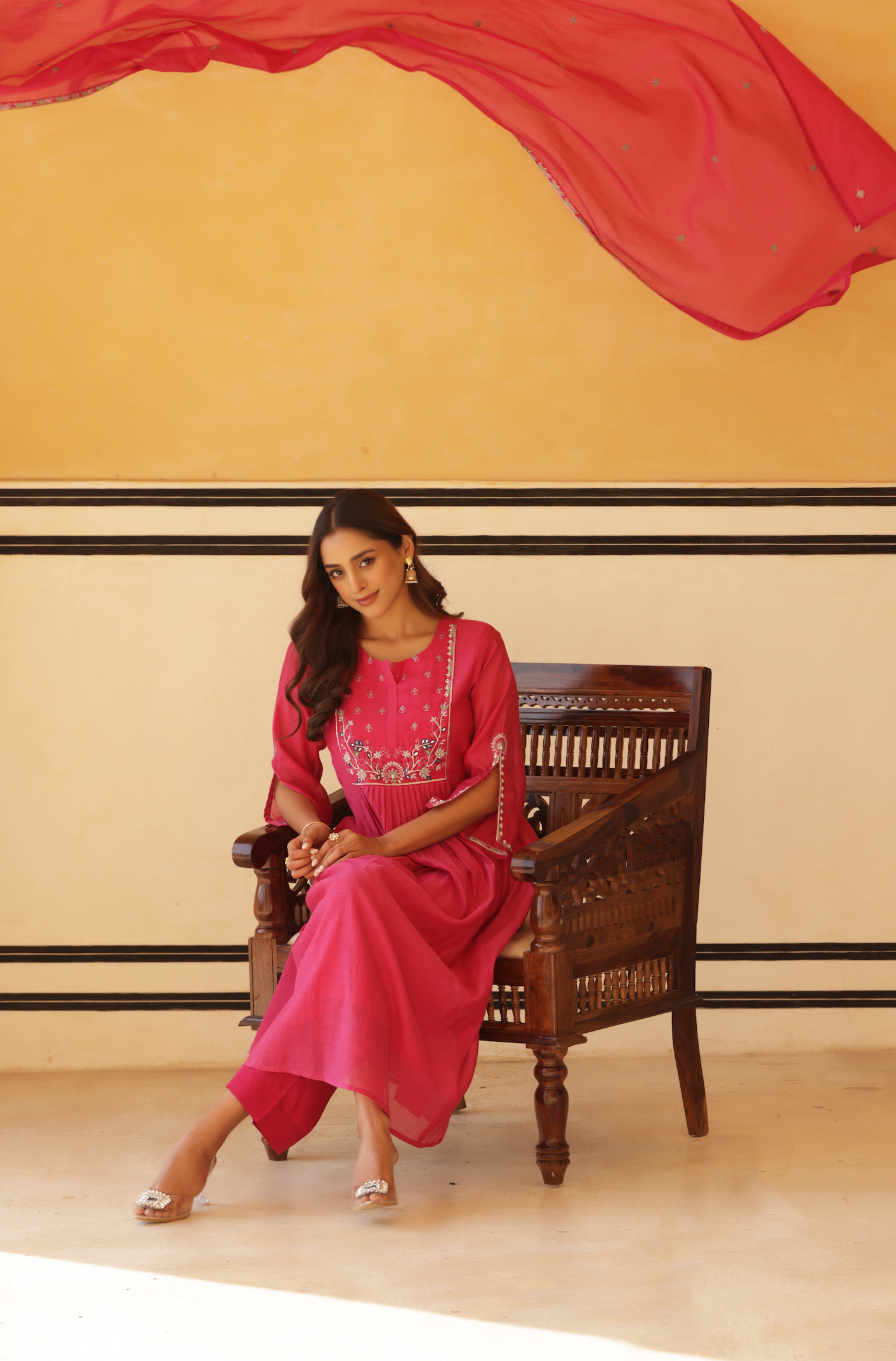 Vibrant Pink Pure Mul Chanderi Flared Kurta.