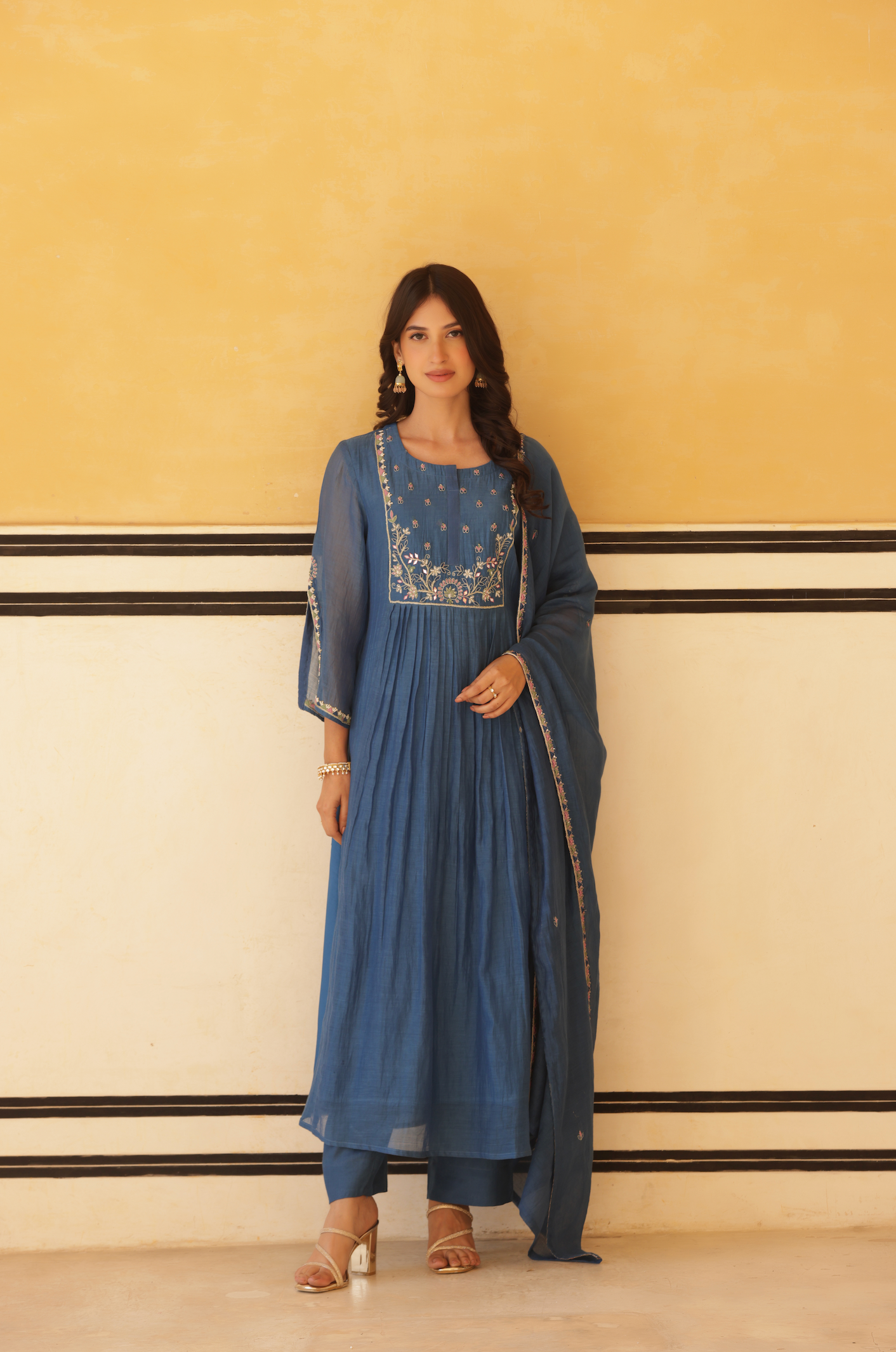 Royal Blue Pure Mul Chanderi Flared Kurta