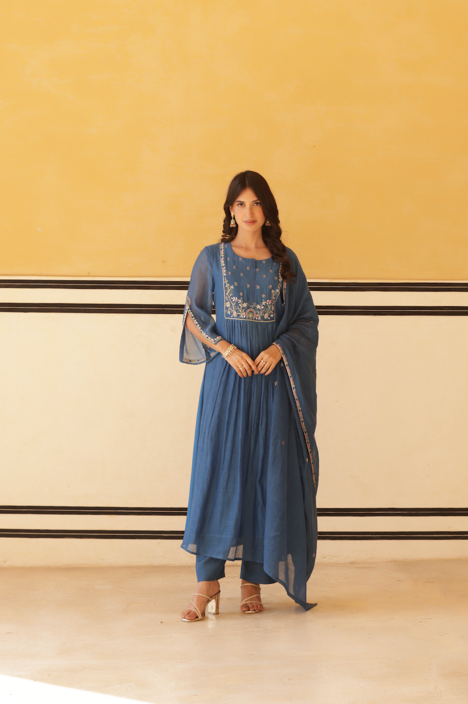 Royal Blue Pure Mul Chanderi Flared Kurta