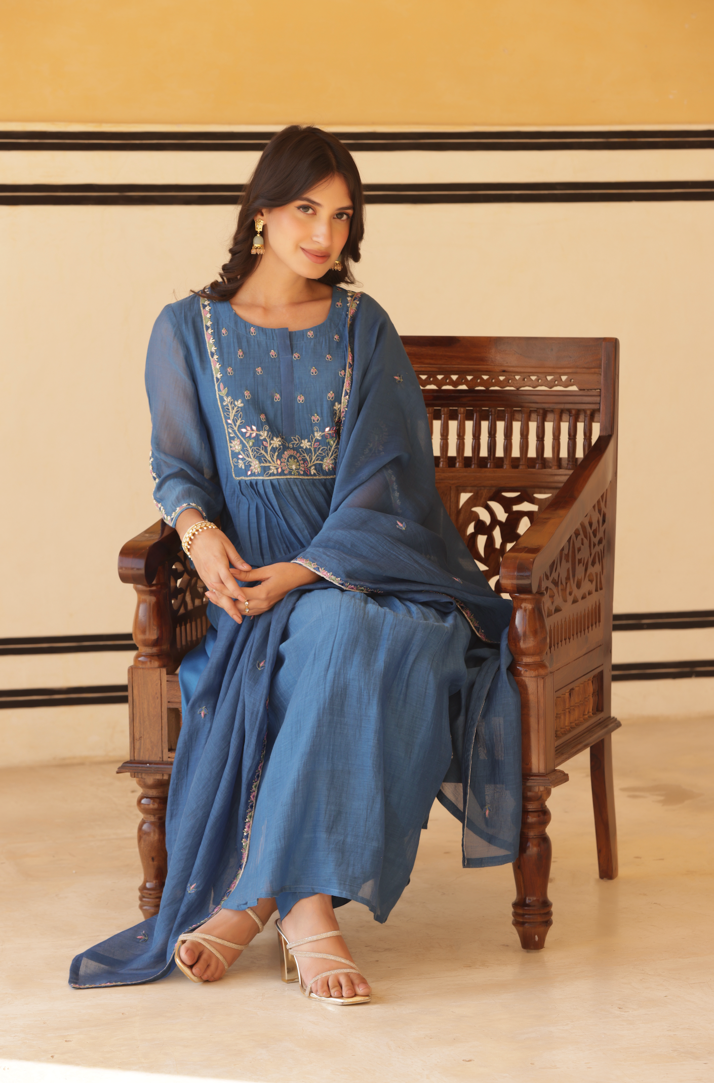 Royal Blue Pure Mul Chanderi Flared Kurta