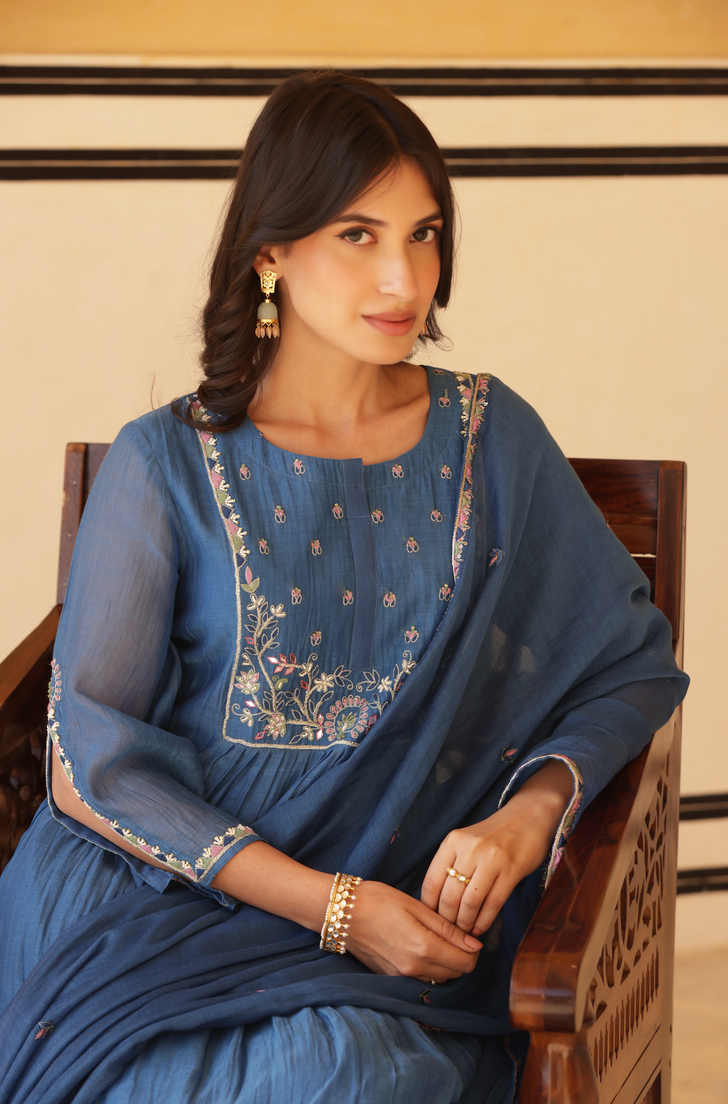 Royal Blue Pure Mul Chanderi Flared Kurta