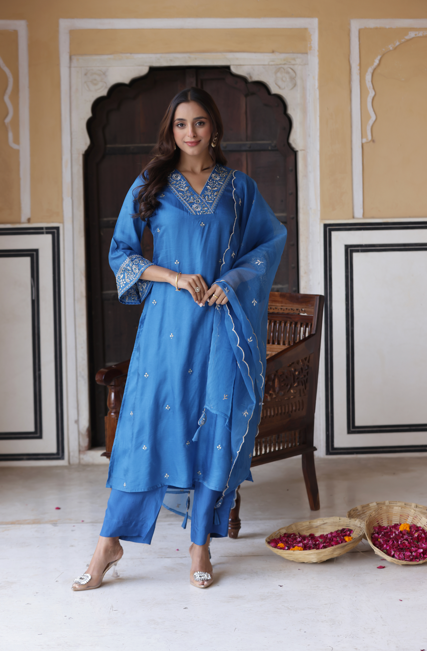 Azure Blue Silk Suit Set