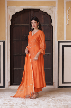 Orange Aura Chanderi Suit Set