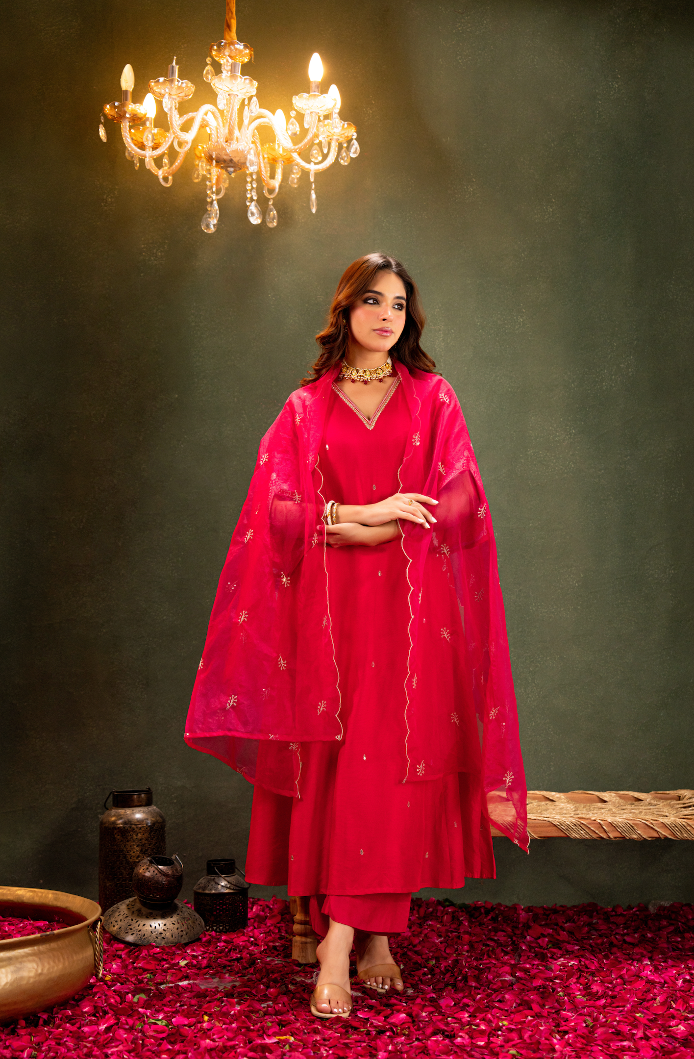 Crimson Radiance Silk Suit Set