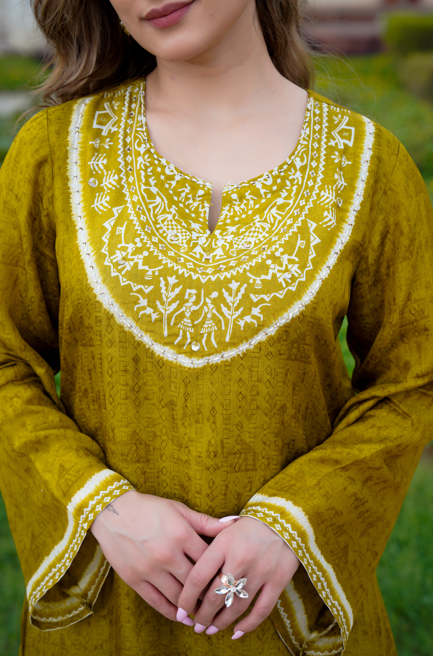Olive Whisper Russian Silk Printed Suit Set
