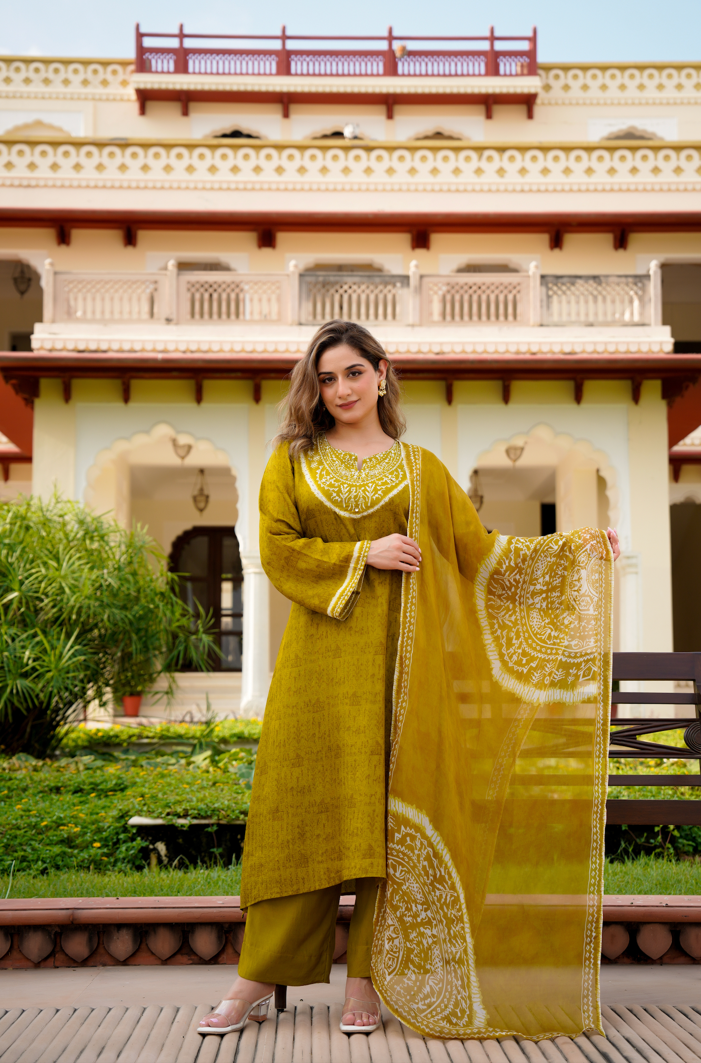 Olive Whisper Russian Silk Printed Suit Set