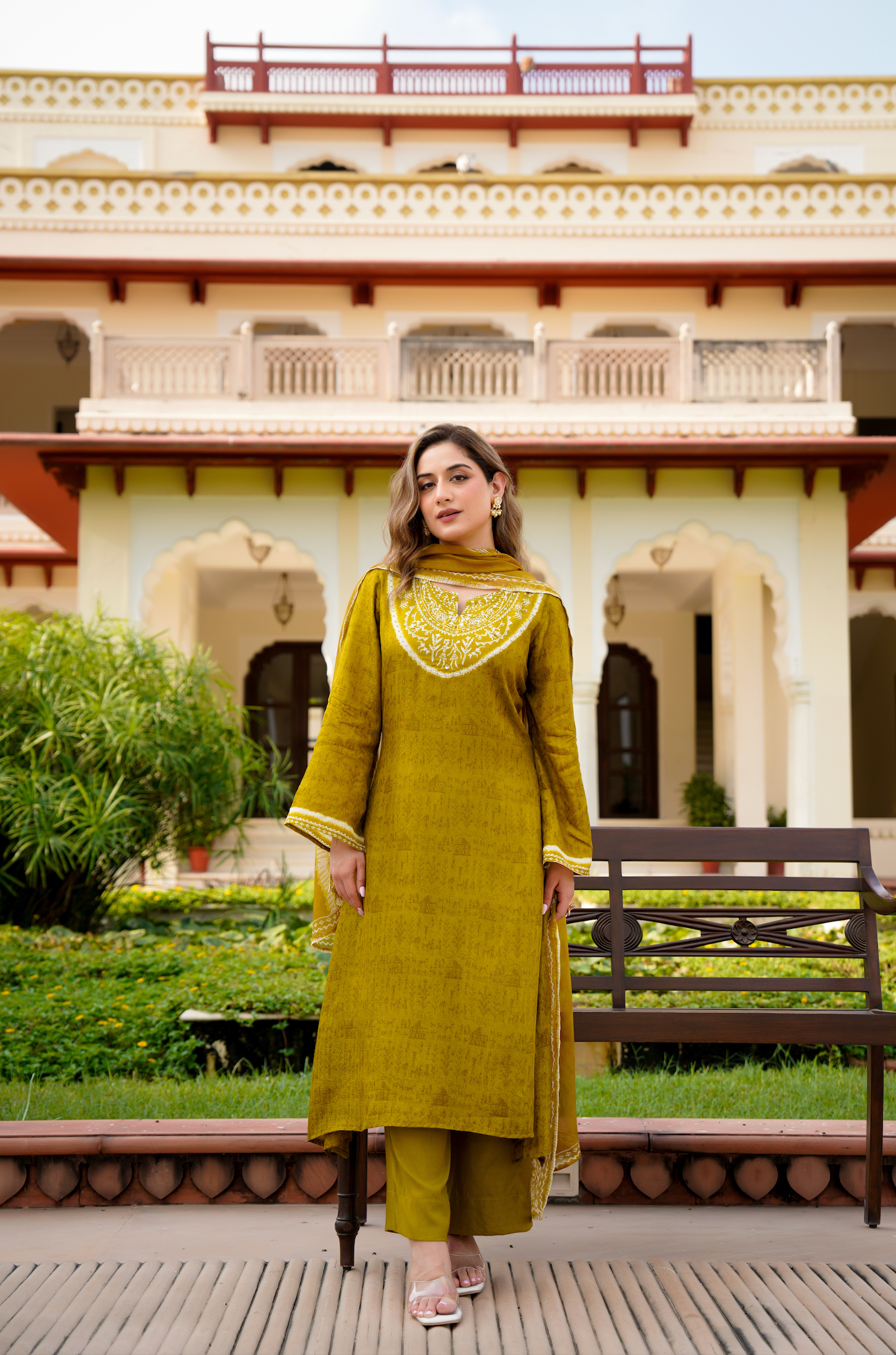 Olive Whisper Russian Silk Printed Suit Set