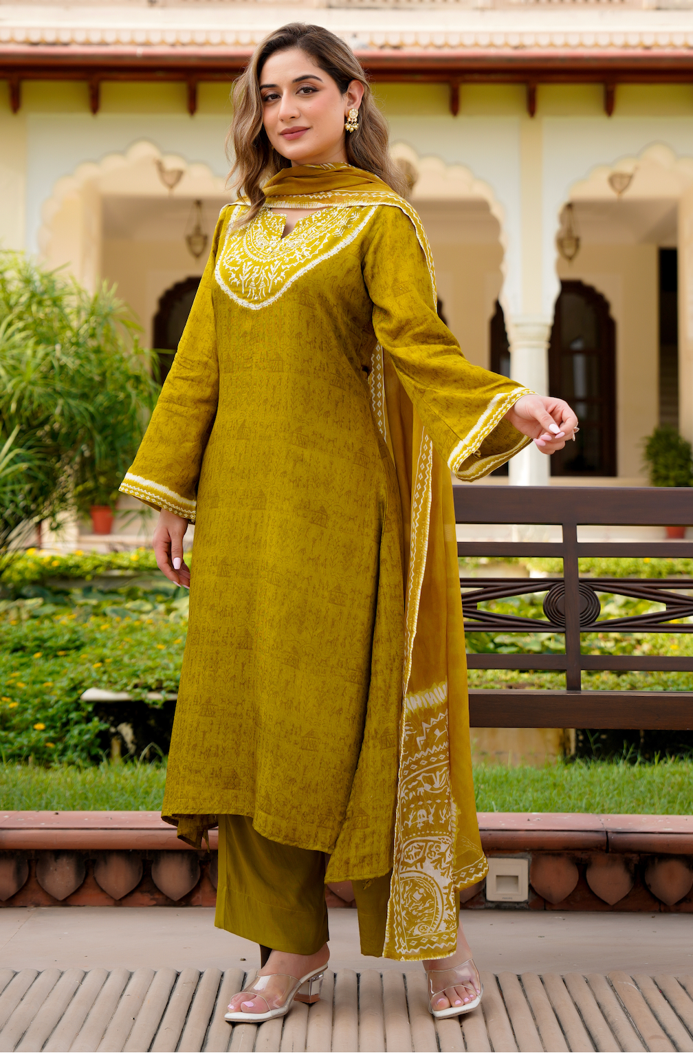 Olive Whisper Russian Silk Printed Suit Set