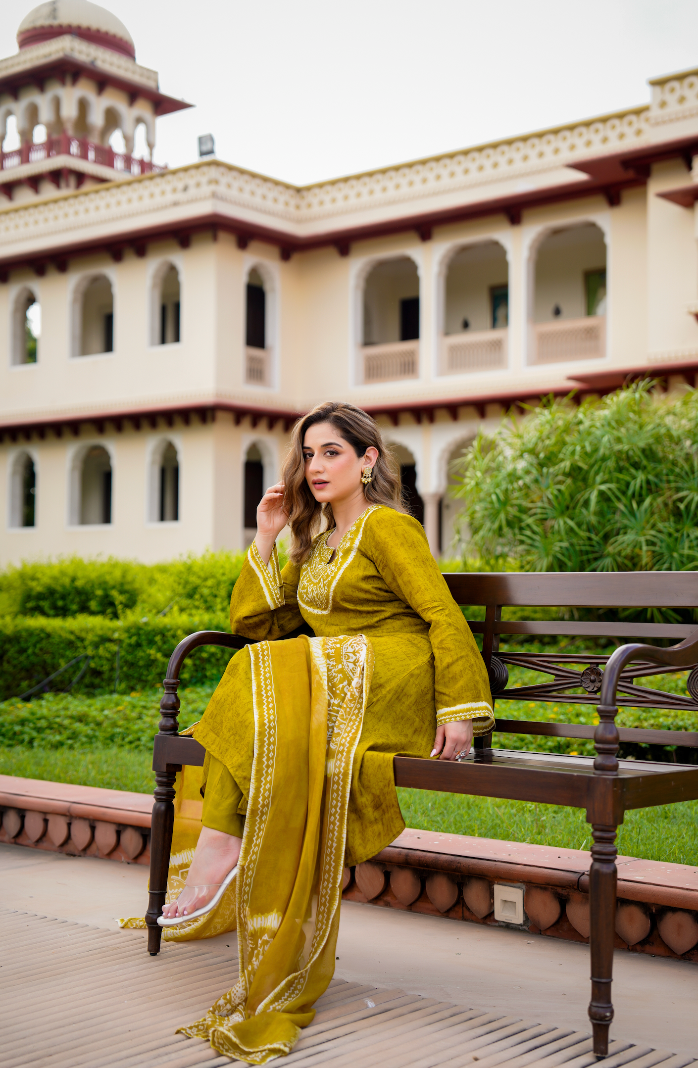 Olive Whisper Russian Silk Printed Suit Set