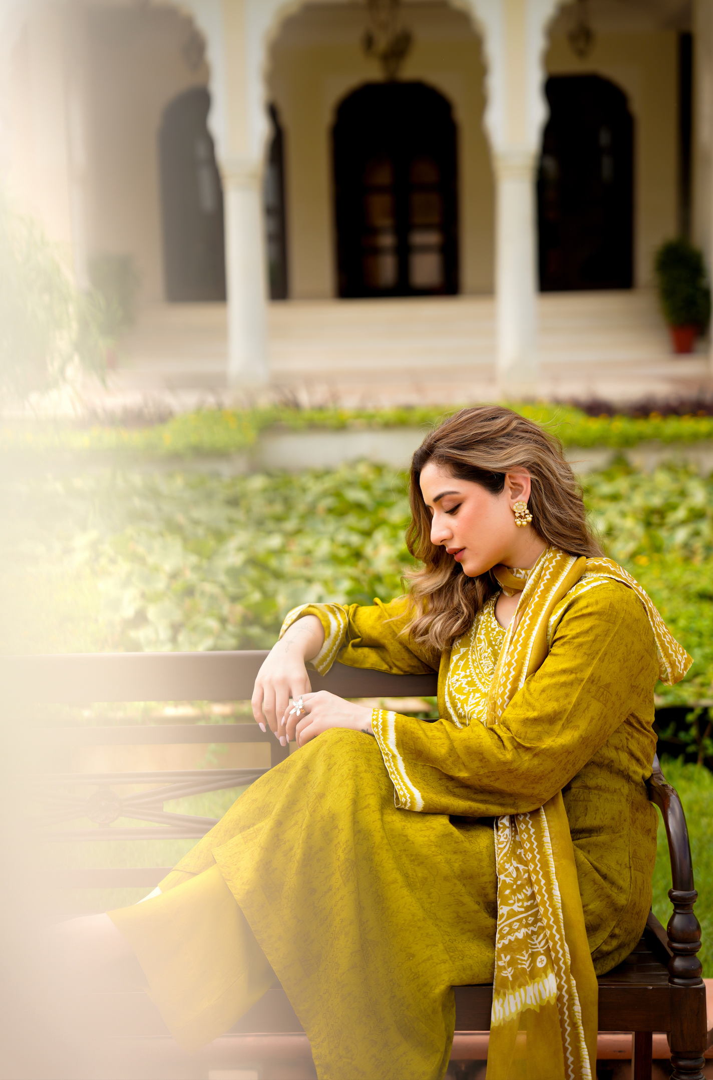 Olive Whisper Russian Silk Printed Suit Set