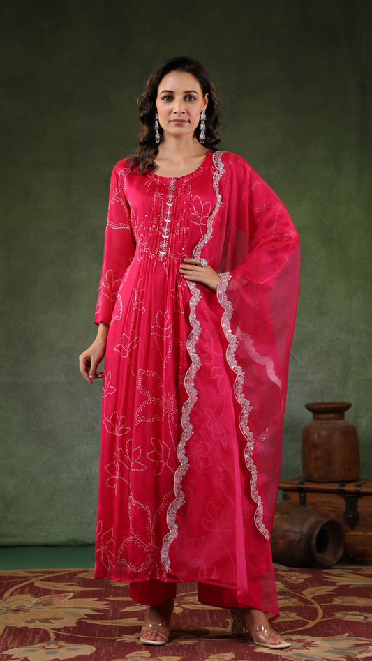 Reddish Pink Chinnon Suit Set