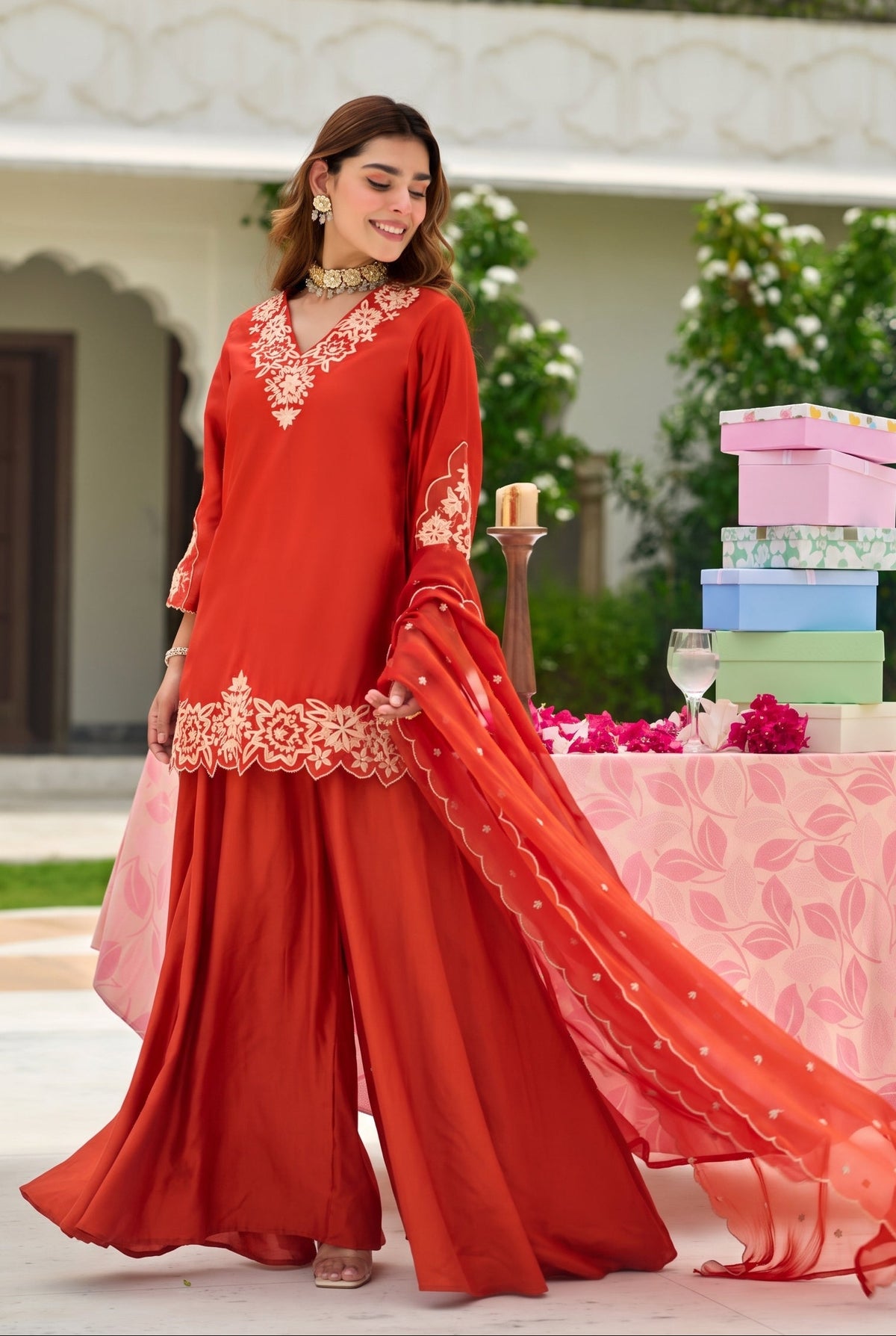 Rust Orange Embroidered Suit Set