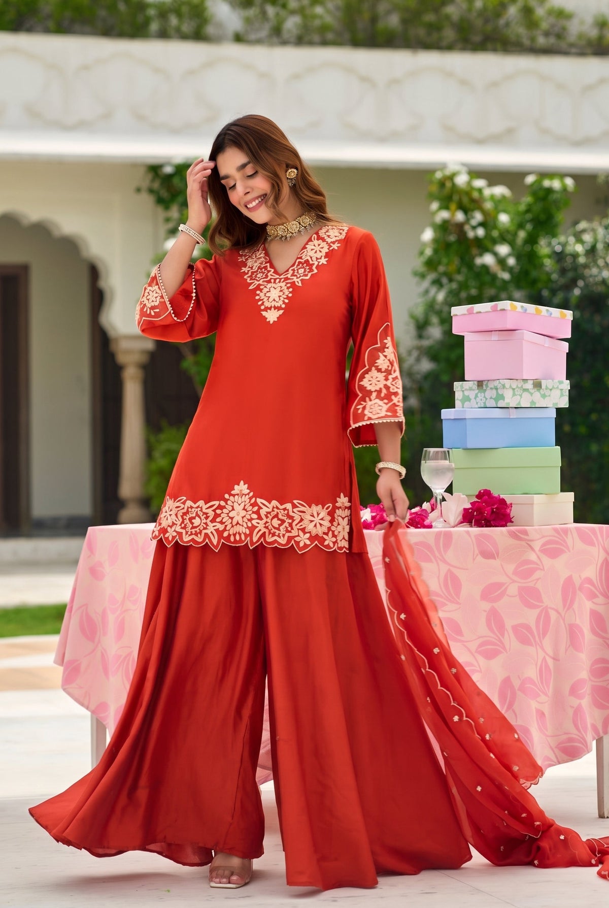 Rust Orange Embroidered Suit Set